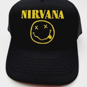 Nirvana Foam Mesh Snapback Trucker Hat Cap Black HTV application 90s Grunge Retr